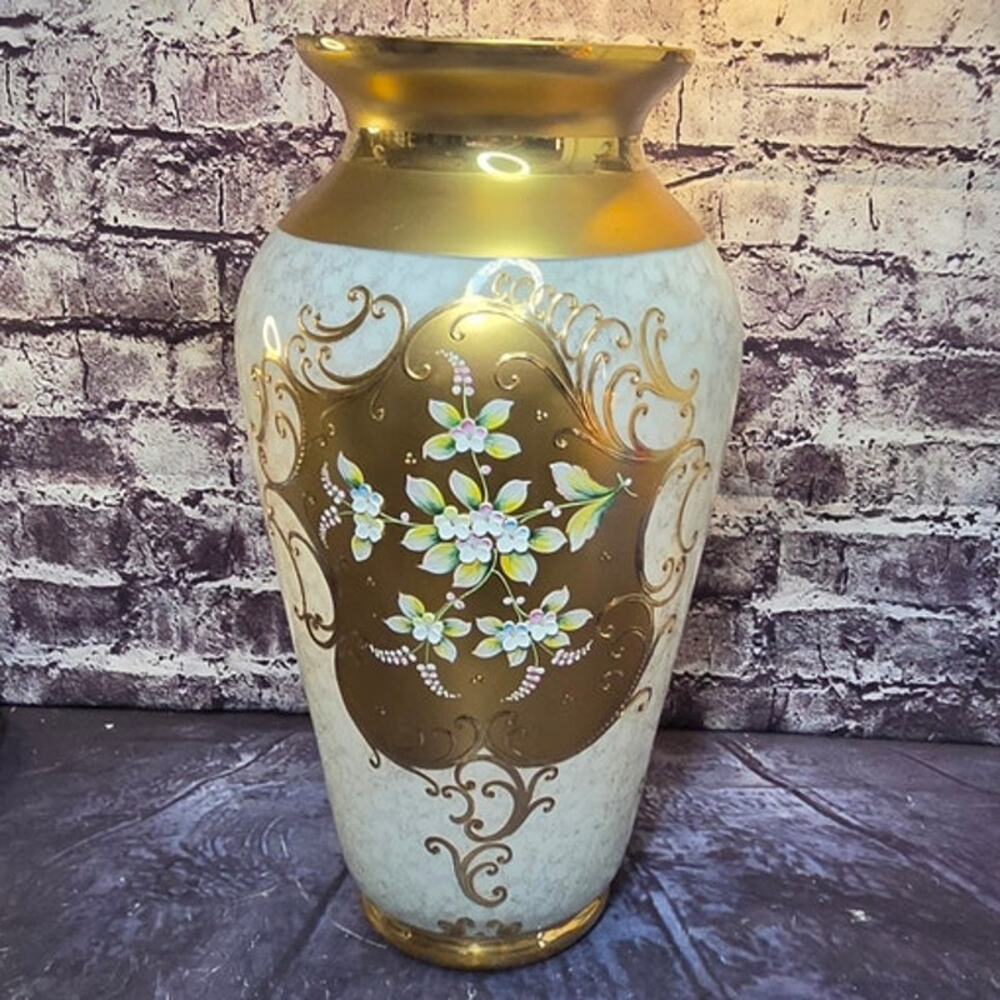 Vintage 20" White Bohemia Glass Vase with Glilt and floral enemal in gold